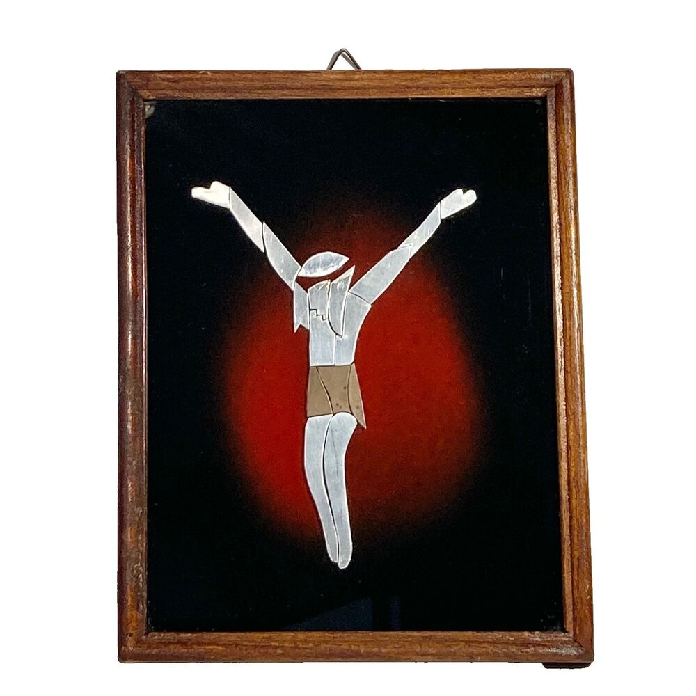 Vintage Crucifix Jesus Christ Art Framed Metal Glass Catholic Christian Wood